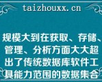 规模大到在获取、存储、管理、分析方面大大超出了传统数据库软件工具能力范围的数据集合即为（）