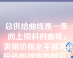 总供给曲线是一条向上倾斜的曲线，表明价格水平越高，投资的效率也越高。