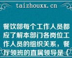 餐饮部每个工作人员都应了解本部门各岗位工作人员的组织关系，餐厅领班的直属领导是（）。  A：饭店总经理  B：餐饮部经理  C：餐饮部副经理  D：餐厅经理