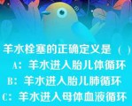 羊水栓塞的正确定义是  (  )   A：羊水进入胎儿体循环  B：羊水进入胎儿肺循环  C：羊水进入母体血液循环  D：羊水进入胎儿呼吸系统  E：羊水进入胎盘血液循环    