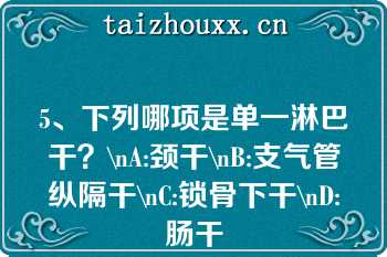 5、下列哪项是单一淋巴干？\nA:颈干\nB:支气管纵隔干\nC:锁骨下干\nD:肠干