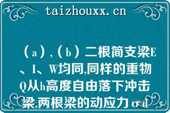 （a）,（b）二根简支梁E、I、W均同,同样的重物Q从h高度自由落下冲击梁,两根梁的动应力σd与动荷系数Kd的比较应为