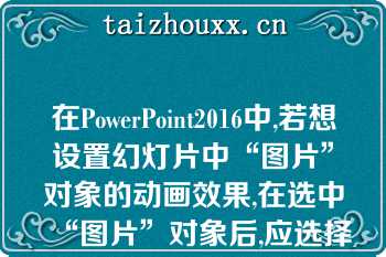 在PowerPoint2016中,若想设置幻灯片中“图片”对象的动画效果,在选中“图片”对象后,应选择______