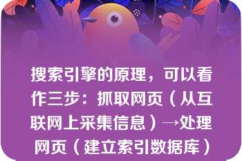 搜索引擎的原理，可以看作三步：抓取网页（从互联网上采集信息）→处理网页（建立索引数据库）→提供检索服务（在索引数据库中搜索排序