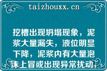 挖槽出现坍塌现象，泥浆大量漏失，液位明显下降，泥浆内有大量泡沫上冒或出现异常扰动，应加快钻机钻进速度，尽快成槽（）